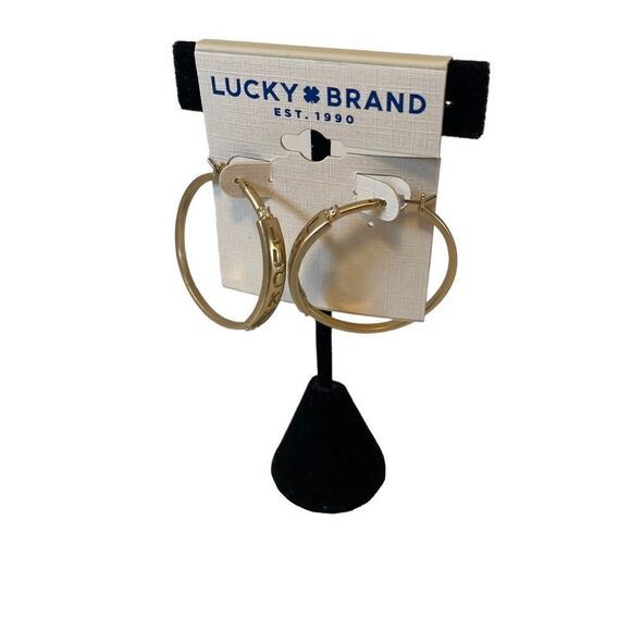 Embossed “Lucky” Gold Toned Hoops - Picture 3 of 6